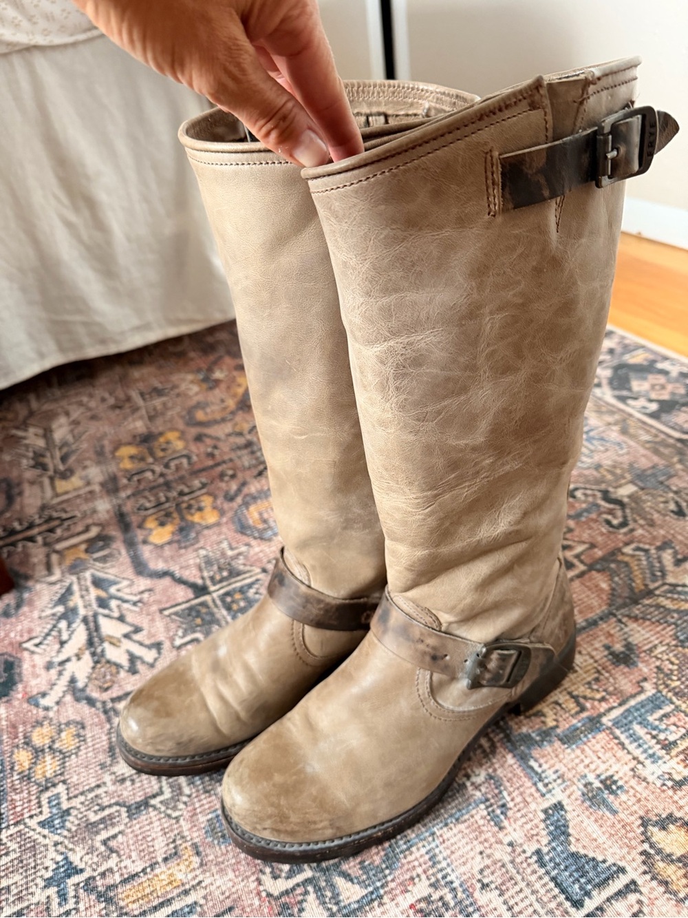 Frye Women’s 8 1/2. Taupe Leather Buckle Riding Boots